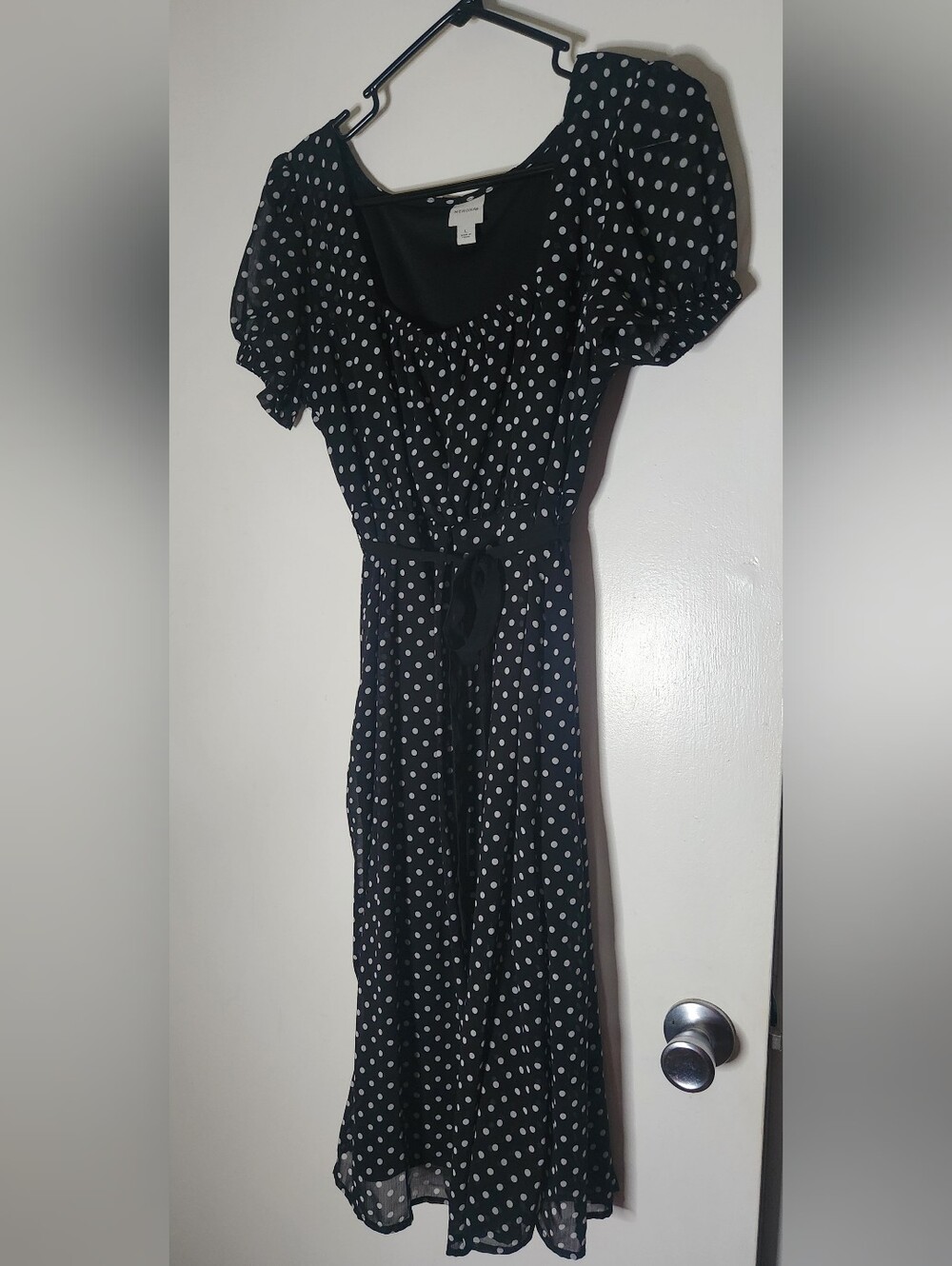 Merona Black Polka Dot Midi Dress with Tie Waist Size L - 11/12